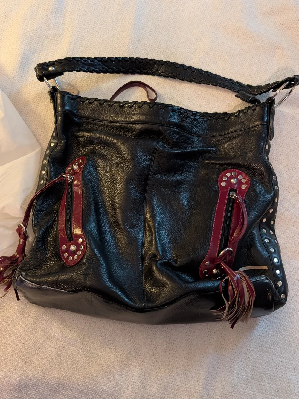 Cape Cod Leather Black Braided-Handle Hobo Bag with Wine Accents
